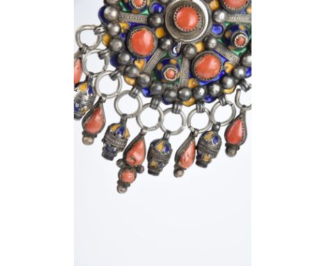 A Great Kabylia cloak pin Algeria silver coloured metal, coral and enamel, with further enamelling to the back, 18.3cm high. 