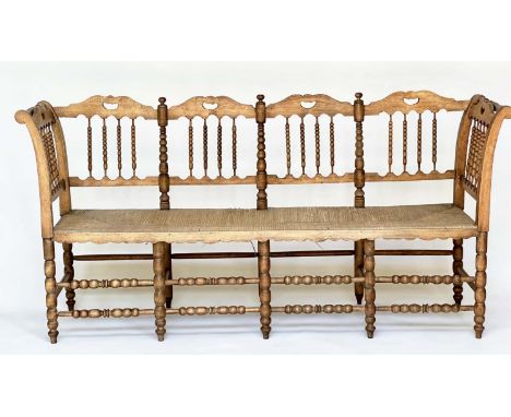 HALL SEAT, 19th century English, William Morris style fruitwood with bobbin turned frame and rush seat, 178cm W. 