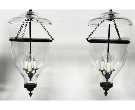 VAUGHAN 'GLASS GLOBE' HALL LANTERNS, a pair, three light glass and bronzed metal, 52cm H. (2) 