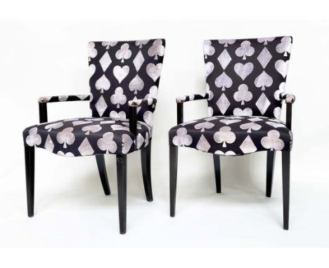 ARMCHAIRS, a pair, printed and cut velvet upholstered playing card motifs, 60cm W. (2) 