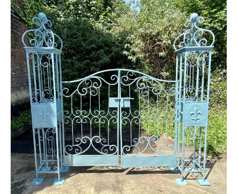 ARCHITECTURAL GARDEN GATE, Regency style blue painted metal, 168cm H x 166cm W. 