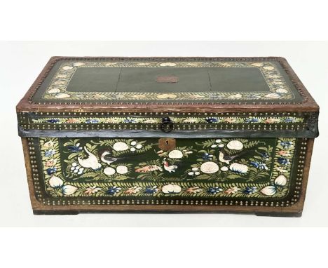 CHINESE EXPORT TRUNK, late 19th century hand painted and studded camphorwood depicting birds and blossom and labelled interna