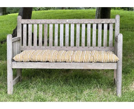 GARDEN BENCH, vintage 'Lister' weathered teak with drop arms and cross slatted seat, 136cm W. 