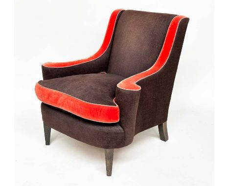 WILLIAM YEOWARD ARMCHAIR, vintage brown and red velvet with scroll arms and square tapering supports, 86cm W. 
