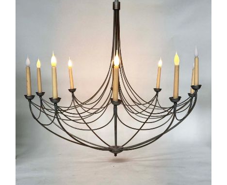 'UMBRELLA' CHANDELIER, ten branch metal suspended with faux candle light fittings, 102cm W x 90cm H. 