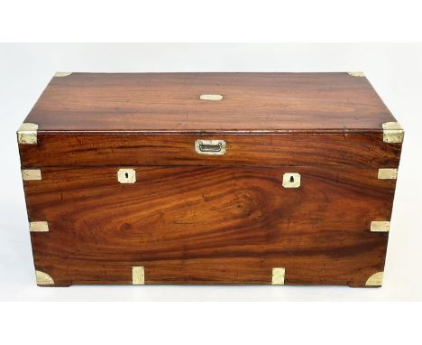 TRUNK, 19th century Chinese export camphorwood and brass bound with rising lid, candle box, two drawers and carrying handles,