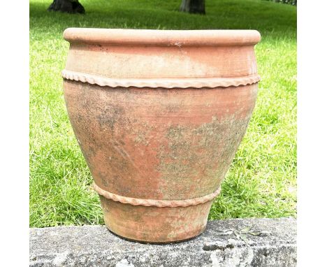 TERRACOTTA GARDEN PLANTER, vase form weathered terracotta with moulded rim and rope detail, 49cm H x 50cm W. 
