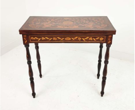CARD TABLE, 19th century Dutch mahogany and marquetry with green baize top, 77cm H x 80cm W x 39cm D. 