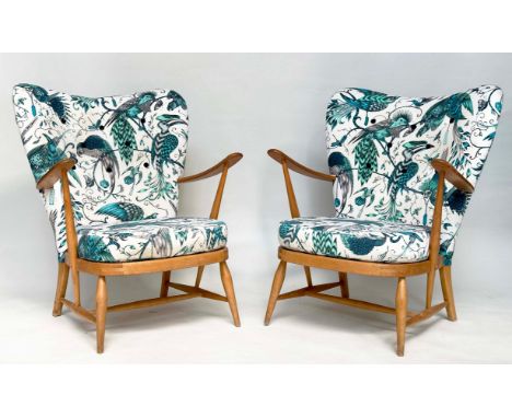 ERCOL ARMCHAIRS, a pair, 1960s solid elm framed, later with jade green Birds of Paradise printed upholstery, 75cm W. (2) 