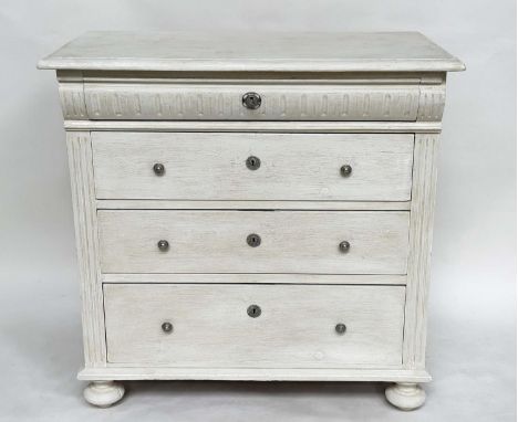 COMMODE, 19th century Scandinavian grey painted with shaped frieze drawer and three further long drawers, 90cm x 50cm x 92cm 