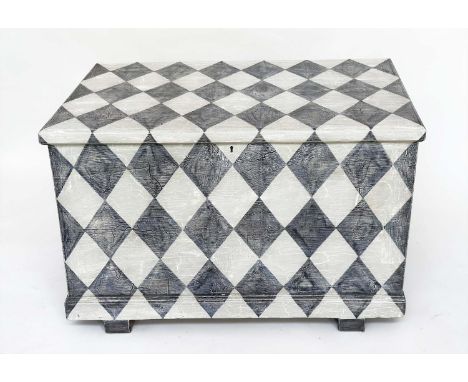 HARLEQUIN TRUNK, 19th century craquelure and 'diamond' hand painted with rising lid, 99cm W x 62cm D x 65cm H. 