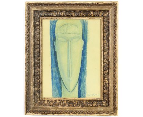 AFTER AMEDEO MODIGLIANI STUDY FOR A SCULPTURE, Head in blue/green Signed in the plate print, Publishers blind stamp bottom ri