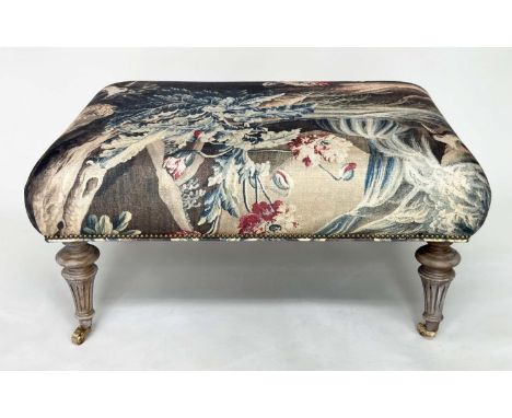 HEARTH STOOL, rectangular tapestry style linen raised upon turned tapering bleached oak supports, 72cm D x 95cm W x 48cm H. 
