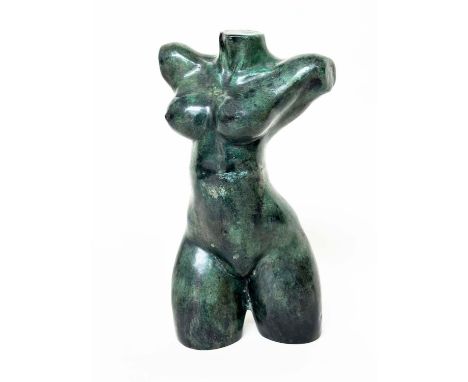 TORSO SCULPTURE, verdigris bronze female torso sculpture, 42cm H. 