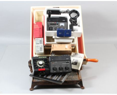 Darkroom Equipment,  including four 18x22", two 15x19", three 18x14" &amp; nine 12x10" developing trays, a Durst F60 enlarger