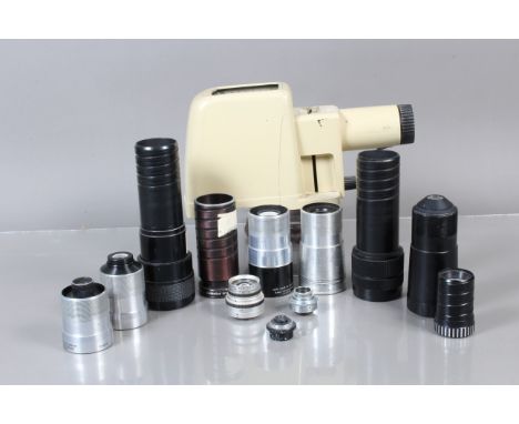 Cine Lenses and Projector,  including Bell &amp; Howell 80mm f/1.8, 2 inch f/1.4 &amp; 33-65mm f/1.4 cine lenses, Taylor Hobs