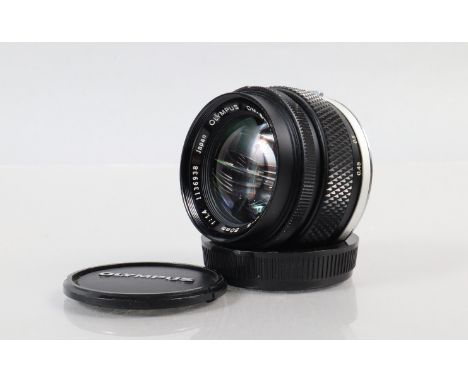 An Olympus OM Zuiko 50mm f/1.4 Lens, barrel G, light wear, elements G-VG, with front and rear caps 