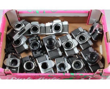 A Tray of SLR Camera Bodies, including three Praktica MTL 3, a LCC, a LCC 3, a Nova 1, an Asahi Pentax SV, a SP, a Pentax ME 