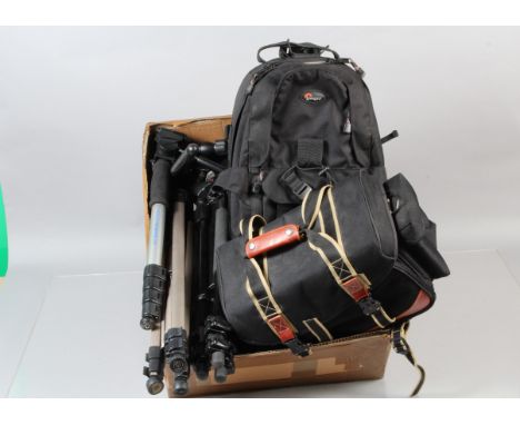 Tripods and Camera bags, a Manfrotto 190XPROB tripod, with 460MG three way head, a Camlink tripod, a Jessops monopod, with a 