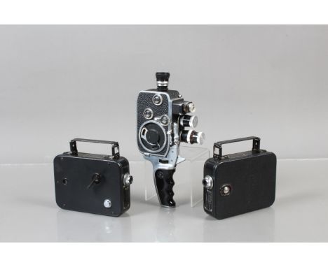 Three 8mm Cine Cameras, a Bolex B 8L, motor runs, body G, with Kern Pailard 35mm f/2.8 &amp; 13mm f/1.9 lenses, elements F-G,