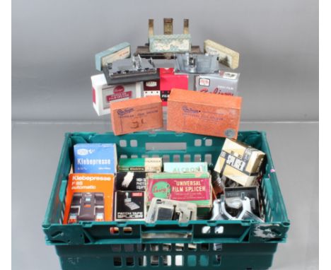 A Tray of Cine Film Splicers, including a cast iron &amp; brass 35mm film splicer, two boxed Ensing Universal 8mm, 9.5mm &amp
