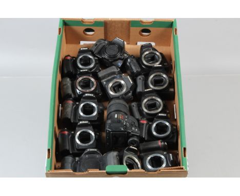 A Tray of DSLR Camera Bodies, including a Nikon D40, D50, D80 (2), D3000, a Canon EOS 10D, Rebel Xti, EOS 300D, EOS 400D, EOS
