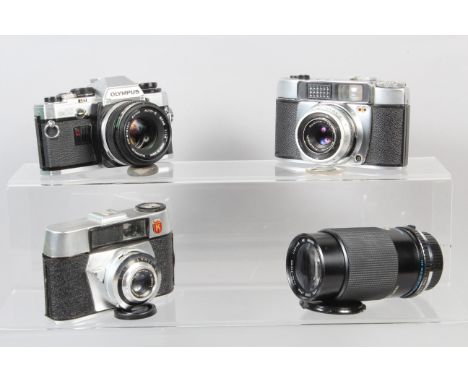 An Olympus OM10 SLR Camera, shutter working, meter responsive, body G, with Zuiko 50mm f/1.8 lens, barrel G, elements G, with
