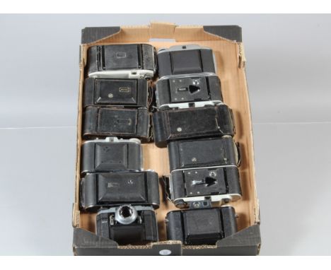 A Tray of Folding Cameras, including Dacora Royal, an Agiflex, an Agfa Isolette, Kodak models and other examples, a Kershaw 1