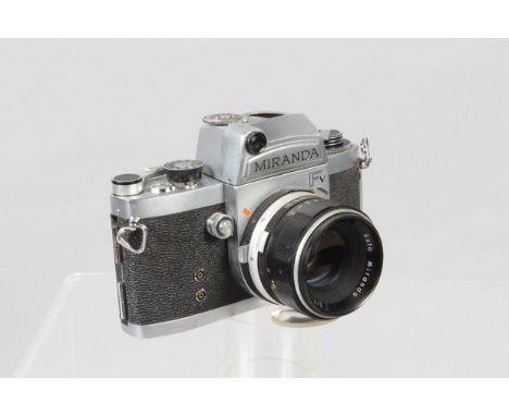 A Miranda FV SLR Camera, shutter working, meter responsive, body G, light wear, with 5cm f/1.9 Auto Miranda lens, barrel G, e