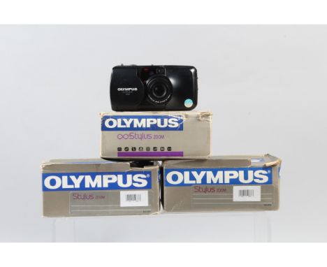 Four Olympus Stylus Zoom Compact Cameras, all untested, all in maker's boxes, all showing wear, bodies G-VG 