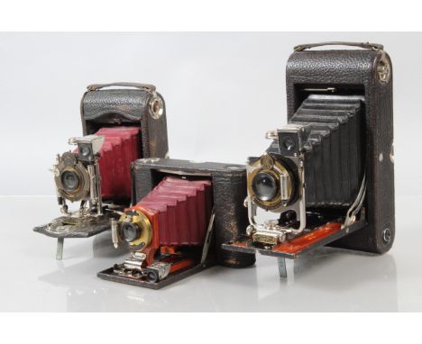 Three Folding Cameras, a No 2 Folding Pocket Kodak Model C, shutter working, body G, bellows G, elements G, a No 3A Folding P