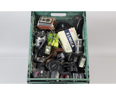A Tray of Cameras and Related Items, including a Fujica 35 Automatic, a Canonet QL25, 110cameras, light meters, flash units a