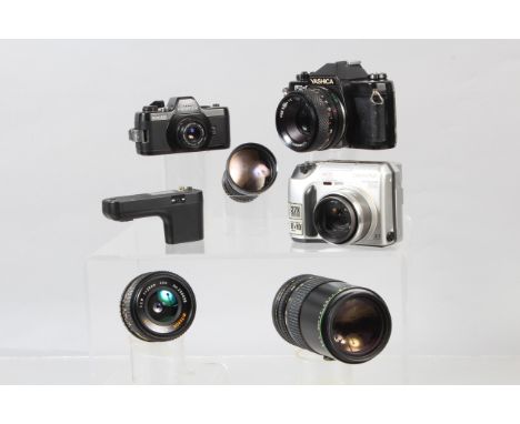 A Group of Cameras, a Yashica FX-3, winder not cocking, meter responsive, body F, wear to leatherette, with Yashica 55mm f/2 