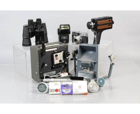 Two Trays of Camera Related Items, including a Kodak Instamatic M55-L super 8 movie projector, a Southall Barclay super 8 edi