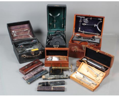 Various Scientific Instruments,  air pump base, three electro-theraputical machines, nine razors, dissection set and various 