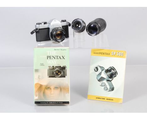 An Asahi Pentax SP 500 SLR Camera,  shutter working, meter untested, body G, light wear, with Super Takumar 35mm f/3.5, 55mm 