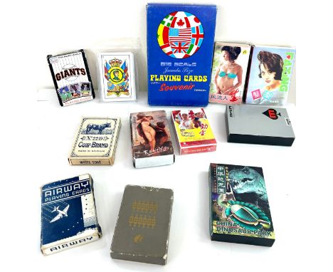 Selection vintage and later playing card sets to include pin up girls, baseball, Biermans deck from Belgium etc 