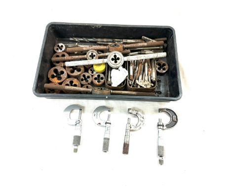 Selection of vintage and later tools includes micrometers, tap and dye etc 