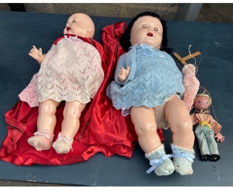 1970s Pellum puppet and 2 vintage pot dolls 