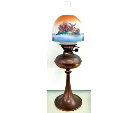Copper art deco  oil lamp with hand painted shade, approximate overall height 24 inches, measurements of shade burner diamete