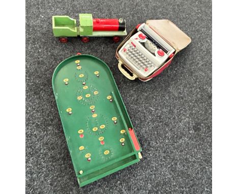 Vintage wooden Bagatelle, Playtoy petite children's typewriter with case and a wooden train model 