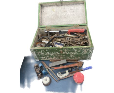 Wooden tool box with a large selection of assorted tools 