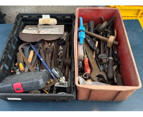 Two boxes of assorted tools includes spanners, files etc 