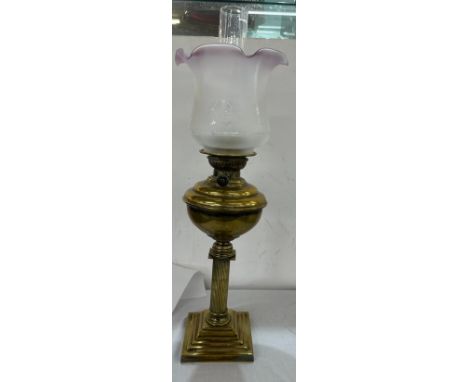 Vintage brass base oil lamp with funnel and shade, shade measurements: Height 18cm,  burner diameter 10cm 