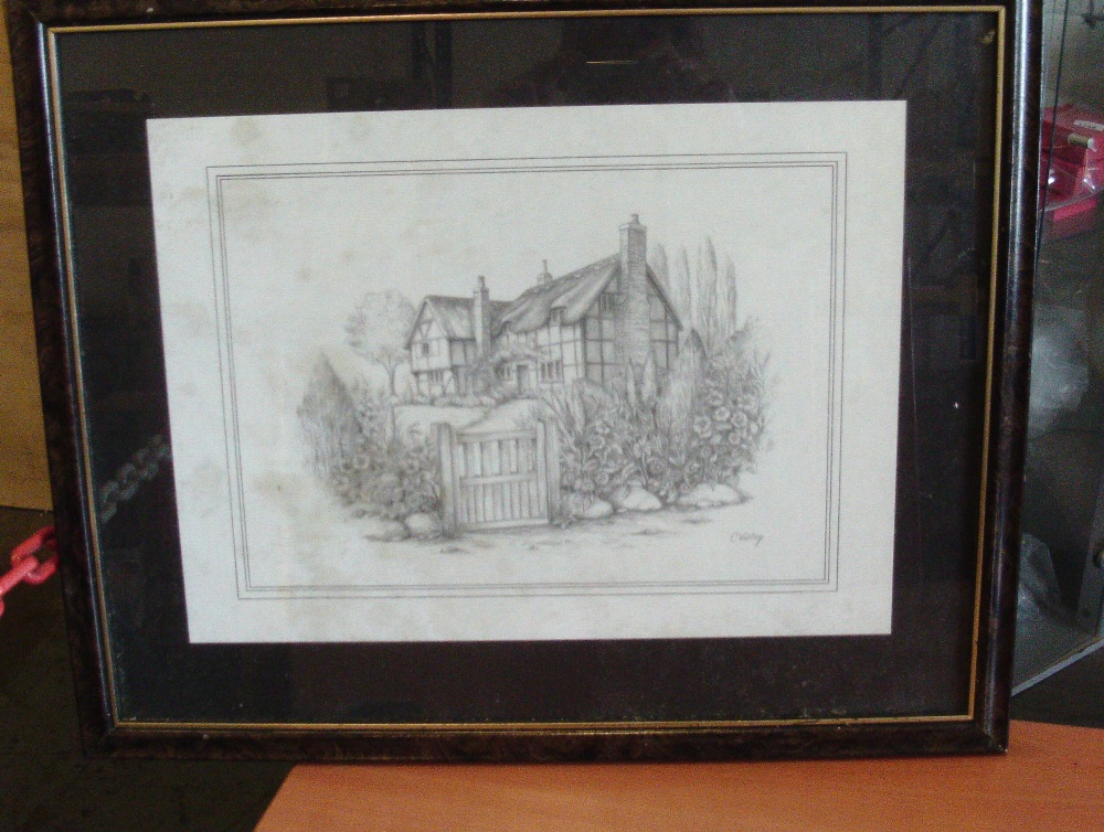  Pencil Drawing Of A Cottage Scene Signed C Varley - 22 x 17