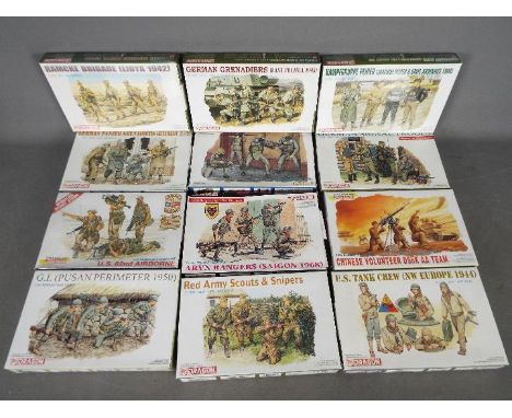 Dragon - A collection of 12 boxed 1:35 scale plastic military model figure kits. Lot includes Dragon #6053 German Signal troo