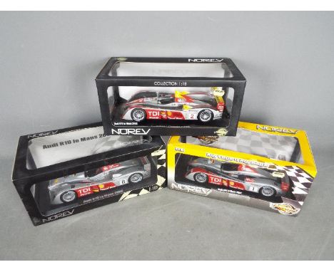 Norev - 3 x Audi R10 Le Mans racing cars in 1:18 scale including # 188340 2006 car, # 188341 2007 car, # 188342 2008 car. All