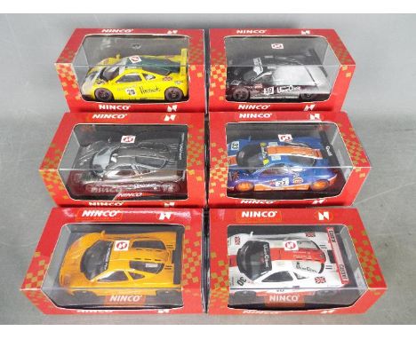 Ninco - 6 x McLaren F1  road and race cars in various liveries including # 50140 Gulf, # 50130 Harrods, # 50153 Art Sports, #