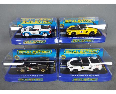 Scalextric - 4 x Lotus Exige models including # C3513 V6 Cup R in white, # C3509 V6 Cup R in orange, # C3521 R-GT in Petronas