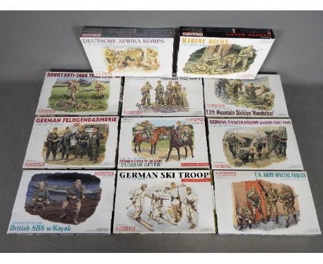 Dragon - A collection of 11 boxed 1:35 scale plastic military model figure kits. . Lot includes Dragon #6046 German Cavalry D